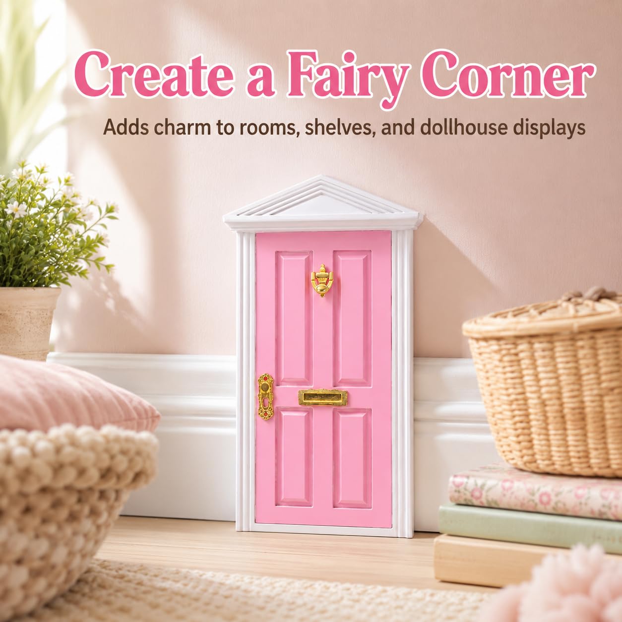Yardwe Mini Wooden Fairy Door with Spire Design, 1:12 Scale Dollhouse Accessories for Decoration, Pink Door with Key for Christmas, Birthday, Wedding