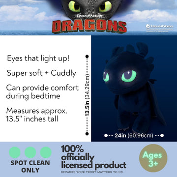 How to Train Your Dragon Toothless Super Soft Plush Cozy Cuddle Pillow Buddy with Light Up Eyes for Comfort, (Officially Licensed Product) by Franco