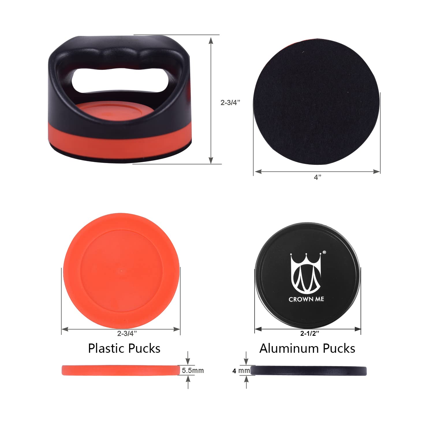 Air Hockey Pushers and Air Hockey Pucks, 2PCS Striker with 2PCS Plastic Pucks and 2PCS Logoed Aluminum Pucks