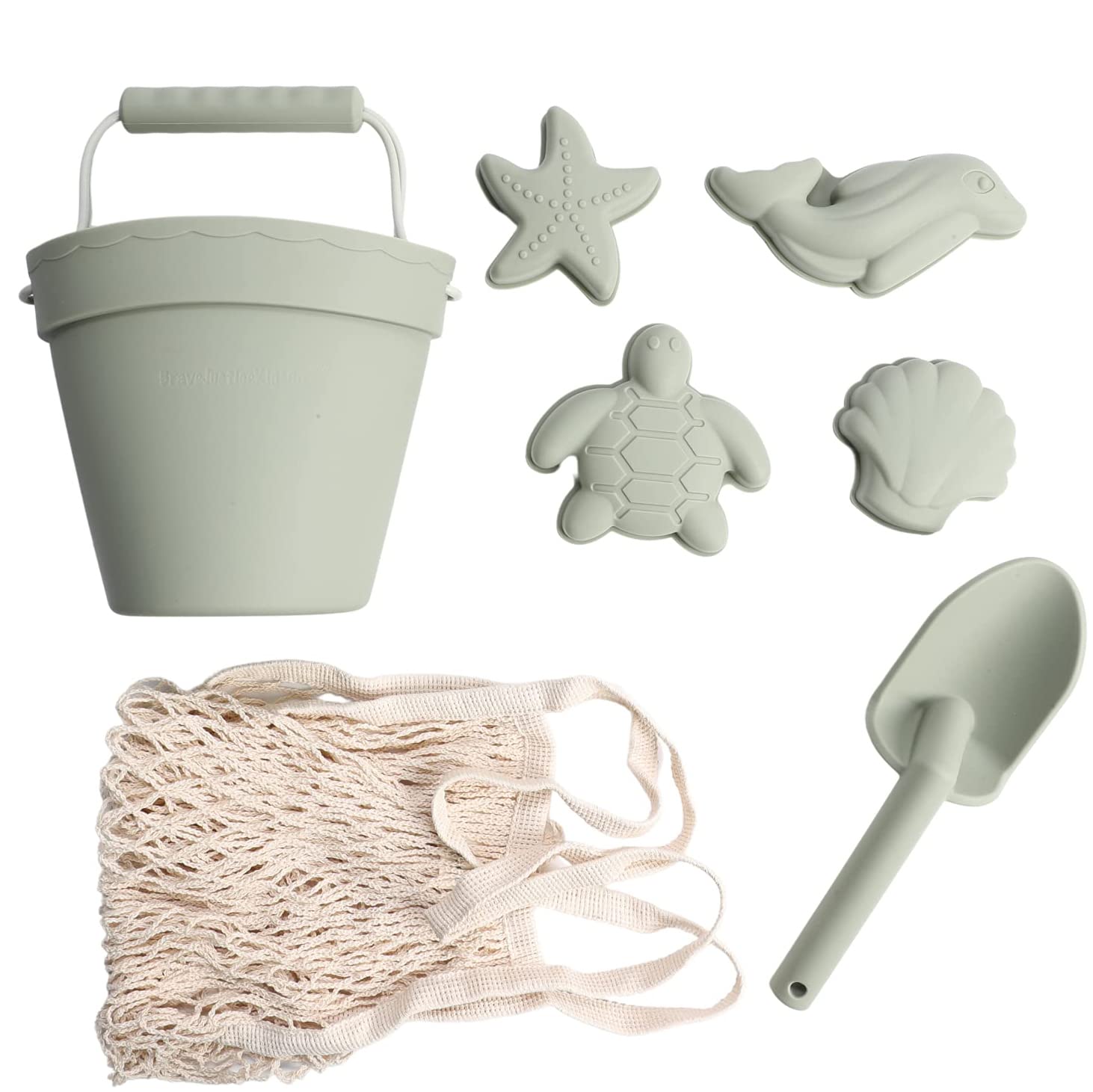 BraveJusticeKidsCo. Silicone Beach Toys - Modern Baby Travel Friendly Beach Set | Bucket, Shovel, 4 Sand Molds, Bag | Sand Toys for Toddlers, Kids
