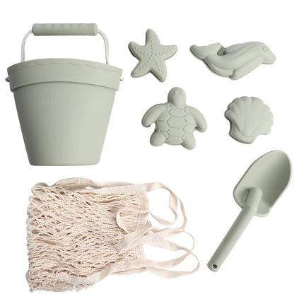 BraveJusticeKidsCo. Silicone Beach Toys - Modern Baby Travel Friendly Beach Set | Bucket, Shovel, 4 Sand Molds, Bag | Sand Toys for Toddlers, Kids