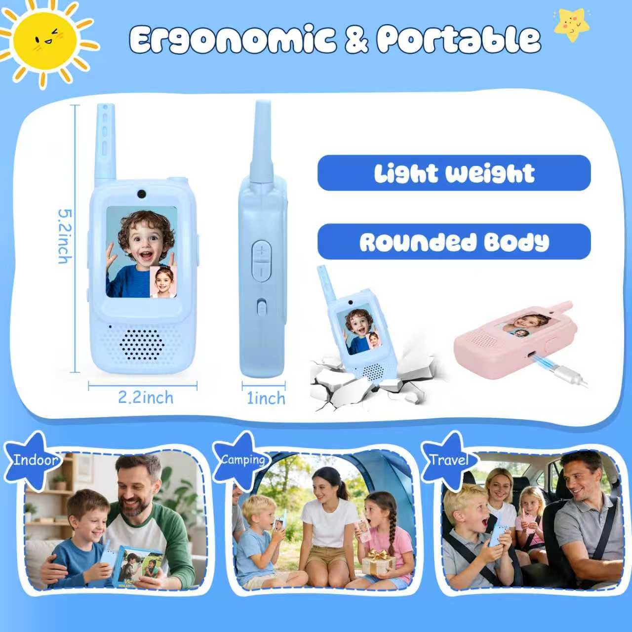 Video Walkie Talkies for Kids Ages 3-12, 2 Pack Rechargeable Walkie Talkie Toys with Screen & 4 Voice Changers, Long Range Two Way Radios for Indoor