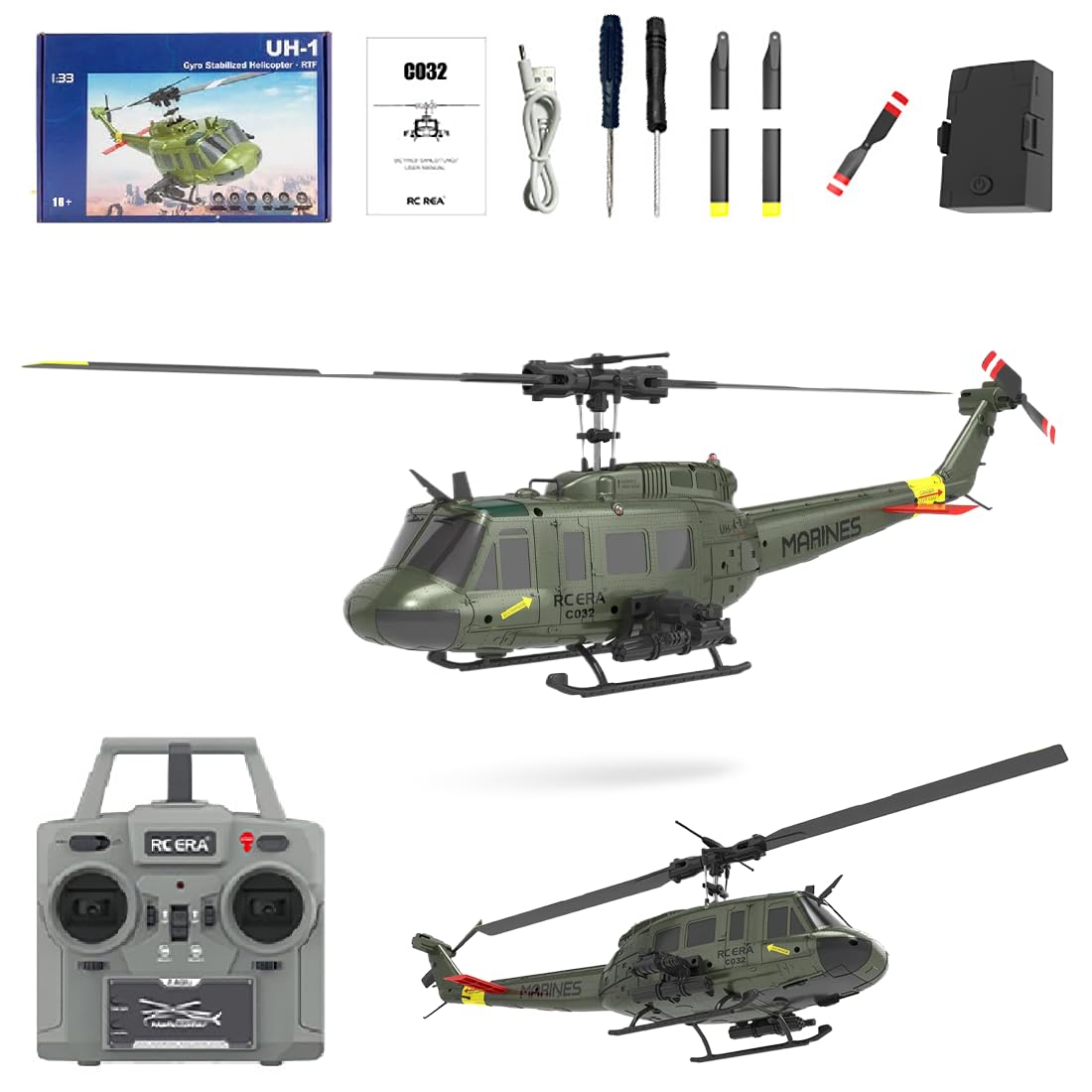 XURUYI C032 UH-1 Huey Flybarless RC Era Helicopters for Adults Beginners, 1/48 Scale 6CH 2.4G 6-Axis Gyroscope Stabilization, with Altitude Hold & 3D