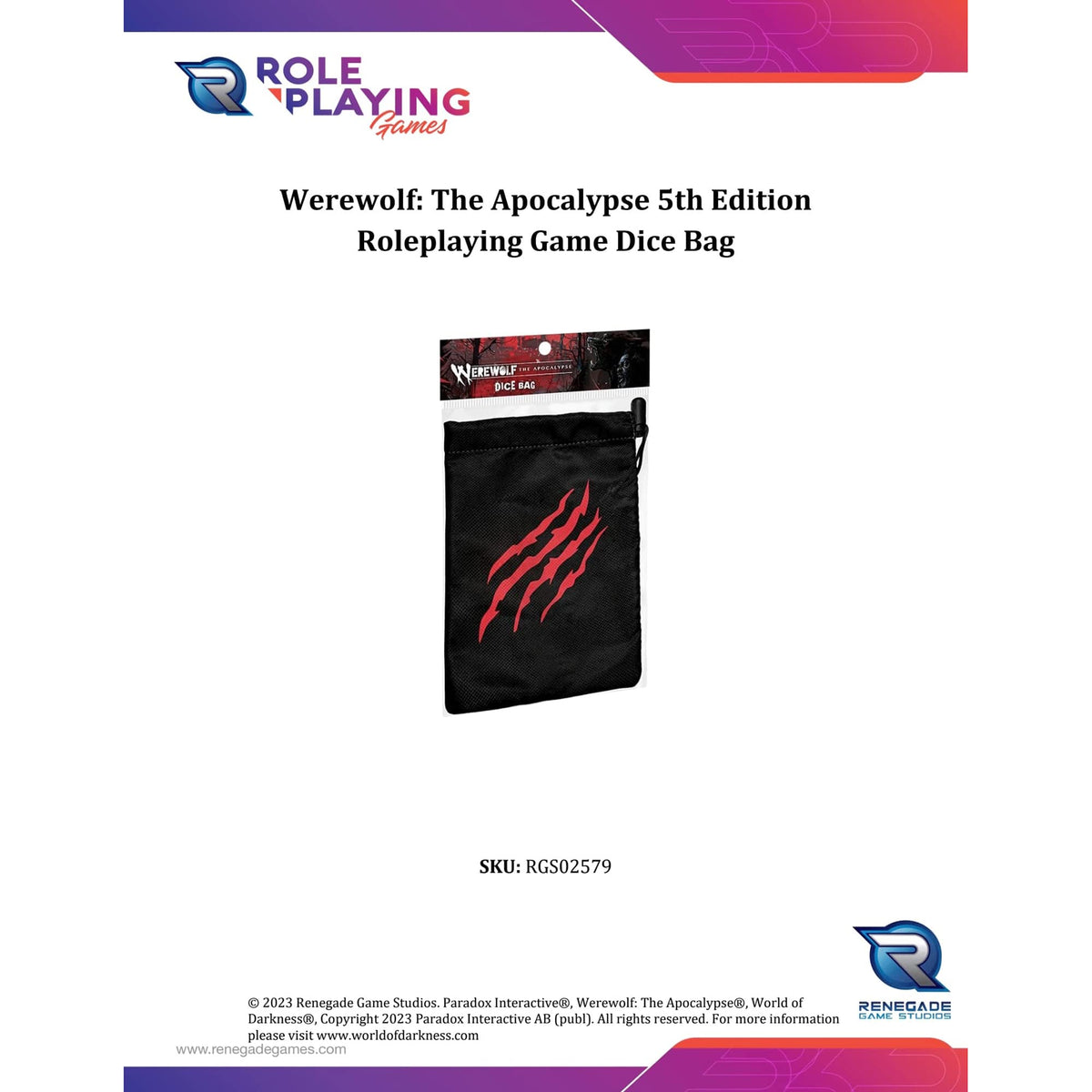 Renegade Game Studios Werewolf: The Apocalypse Dice Bag, RPG Storage