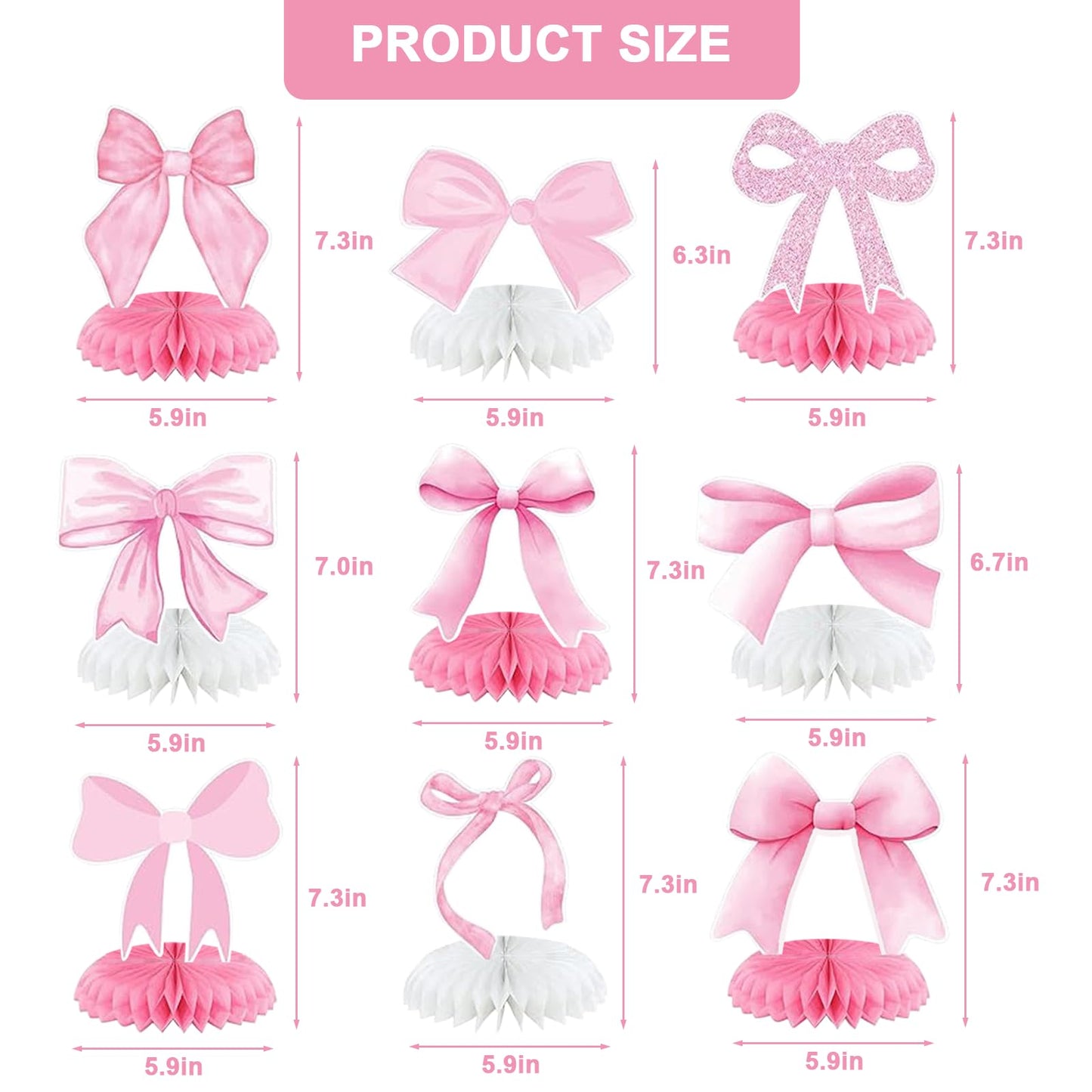 Vyooxcy 9 PCS Pink Bow Theme Honeycomb Centerpieces Decorations, Party Table Topper Decor for Girls Theme Birthday Baby Shower Wedding Party (Princess