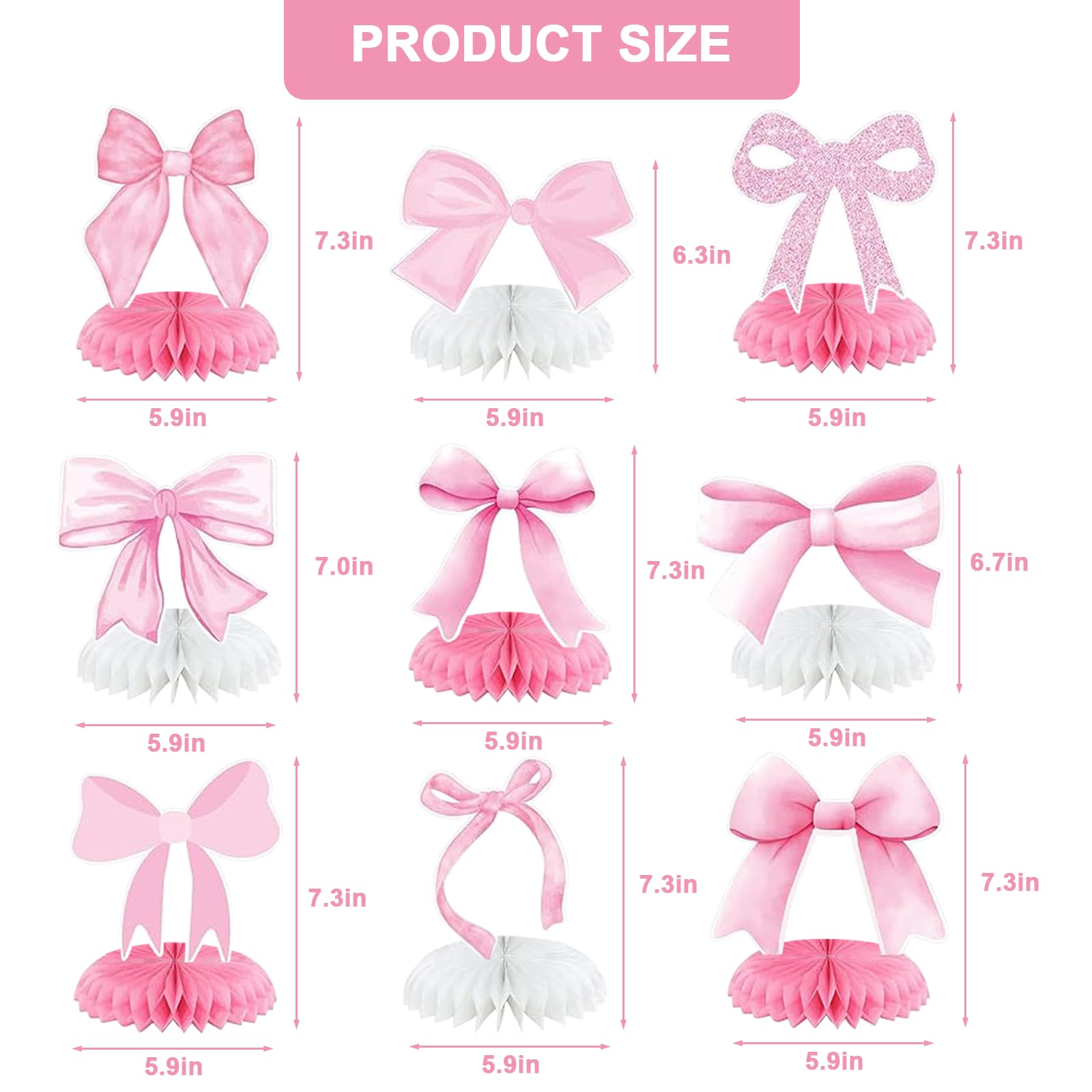 Vyooxcy 9 PCS Pink Bow Theme Honeycomb Centerpieces Decorations, Party Table Topper Decor for Girls Theme Birthday Baby Shower Wedding Party (Princess