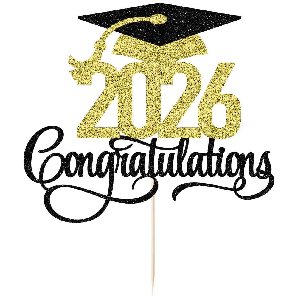 Black Gold Glitter 2026 Congratulations Graduation Cake Topper,Congrats Grad Cake Decor - 2026 High School/College/Senior Graduation Party Decorations
