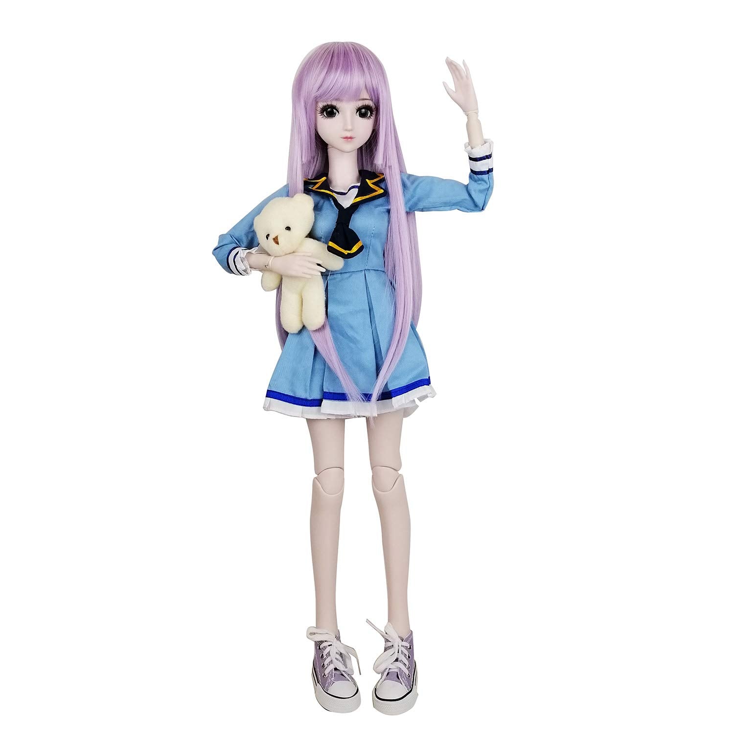 EVA BJD 1/3 BJD Doll, 20 Movable Joints Plastic Ball Jointed Doll, Removable Hair & Clothes, Openable Head for Eye Replacement, Full Set with Blue