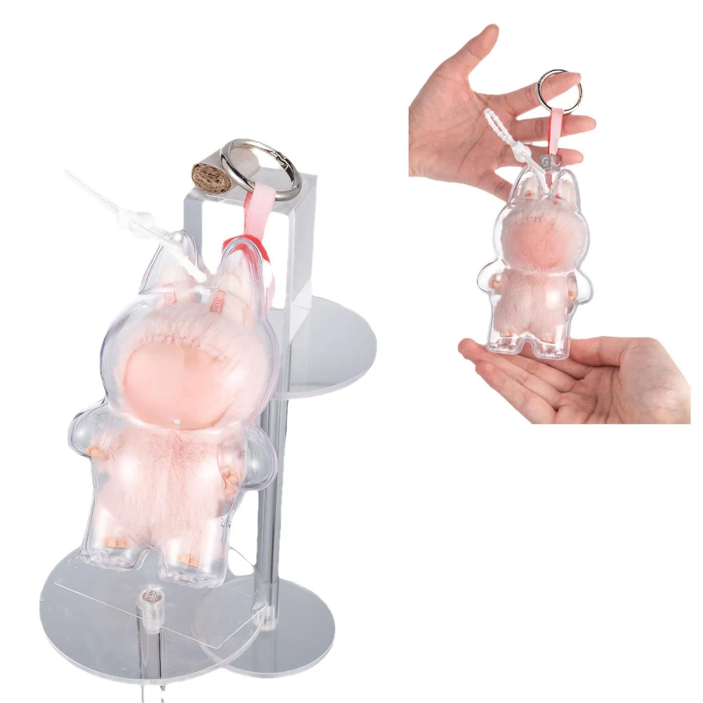 Hard Shell Display Case for Labubu 4.0 Pin for Love - Anti-Collapse Standing Protector with Anti-Lost Secure Rope - Dust-Proof Scratch-Resistant
