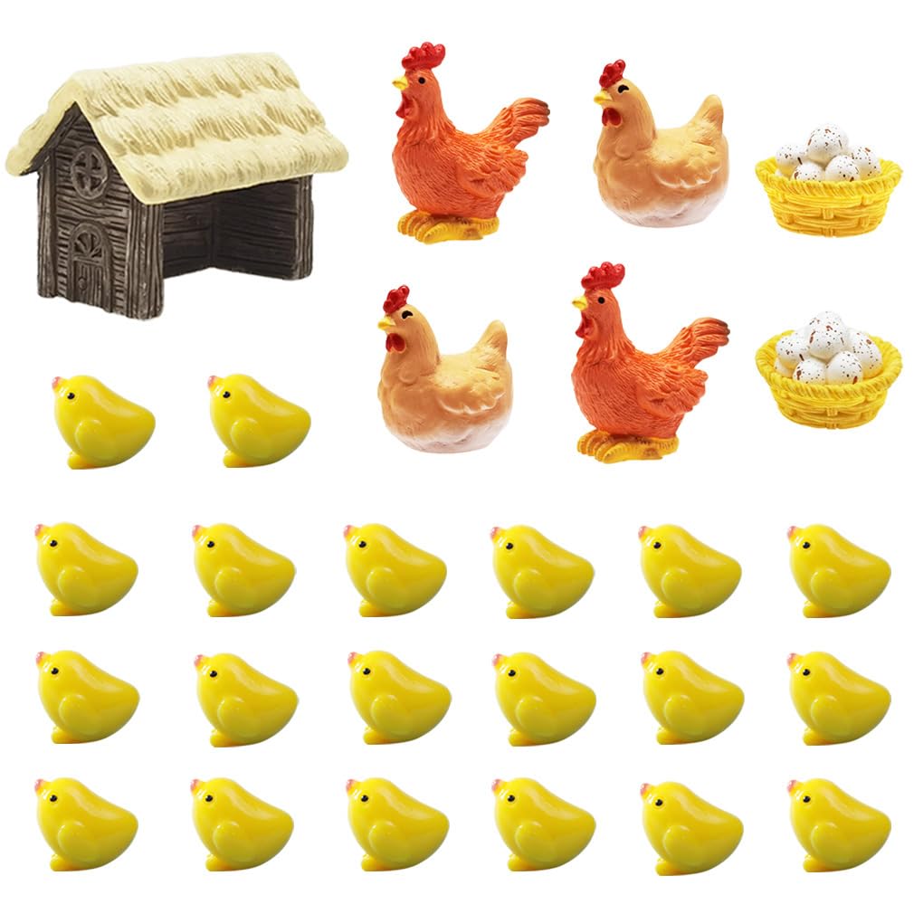 MAOMIA 27 Pcs Miniature Retro Chicken Coop Mini Family Chicken Egg Nest for Garden, Micro Landscape, Home Terrarium, Crafts, Cake Toppers, Dollhouse
