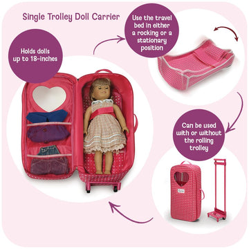Badger Basket Toy Doll Travel Trolley and Carrier for 18 Inch Dolls - Rolling Suitcase with Removable Wheels, Carrying Straps, and Spacious Storage