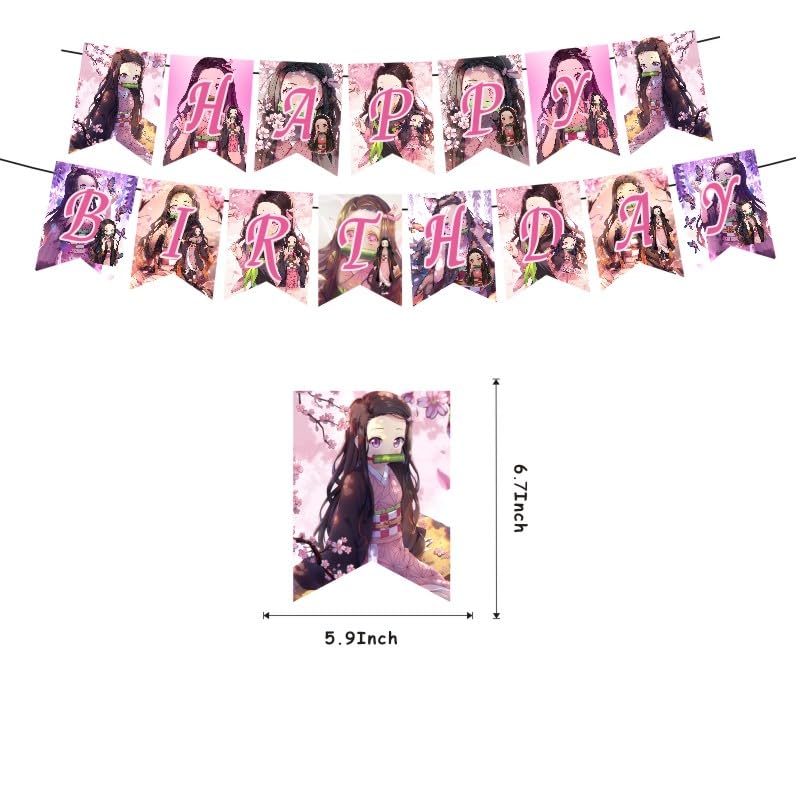 Nezuko Birthday Decorations, Demon Party Supplies Include Happy Birthday Banner, Cake Topper and Cupcake Toppers, Balloons for Kids Party Decor