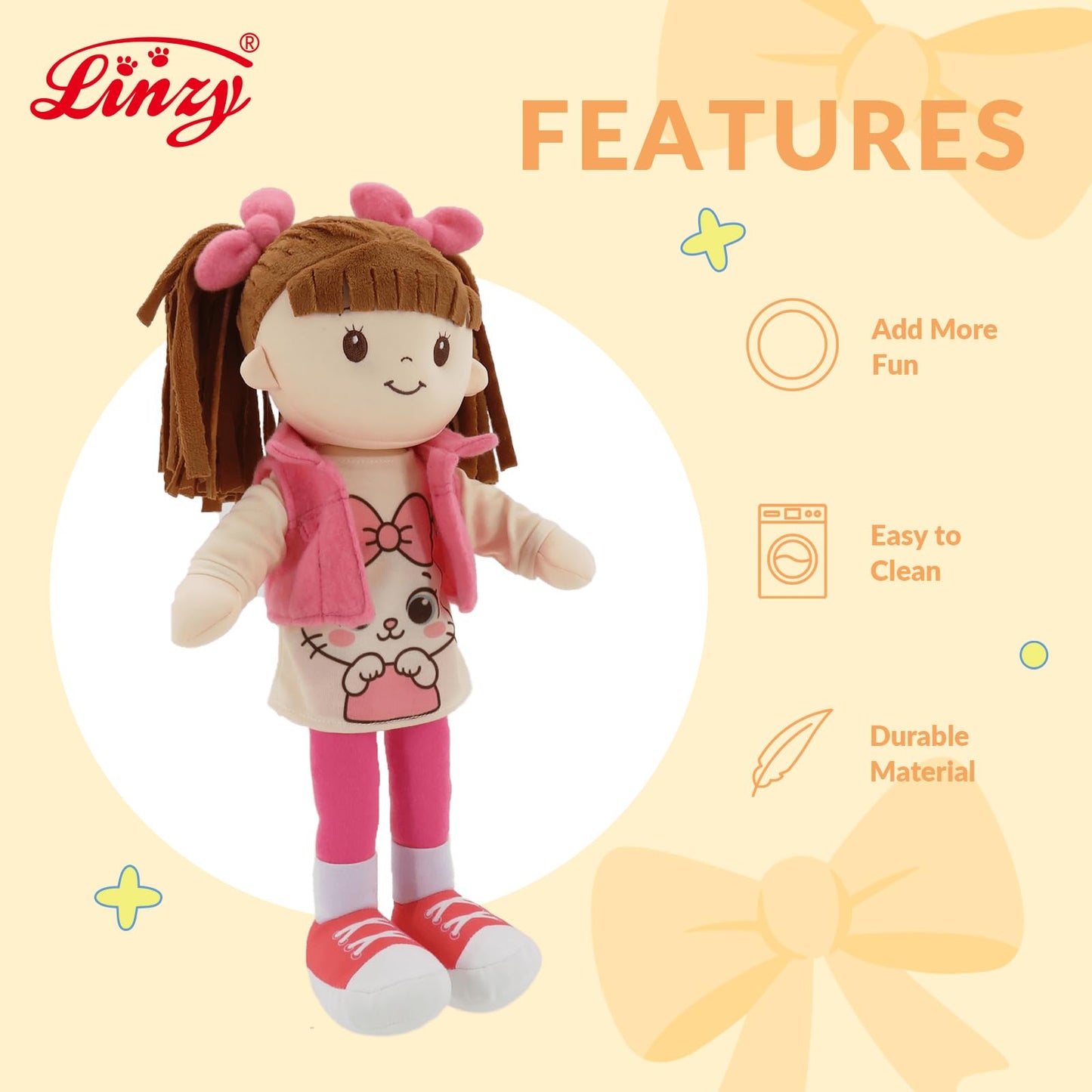 Linzy 15" Little Sweet Hearts Molly Doll, My First Doll Plush Rag Doll for Girls - Soft Baby Doll with Braided Pigtails & Bows, Washable Sensory Cloth