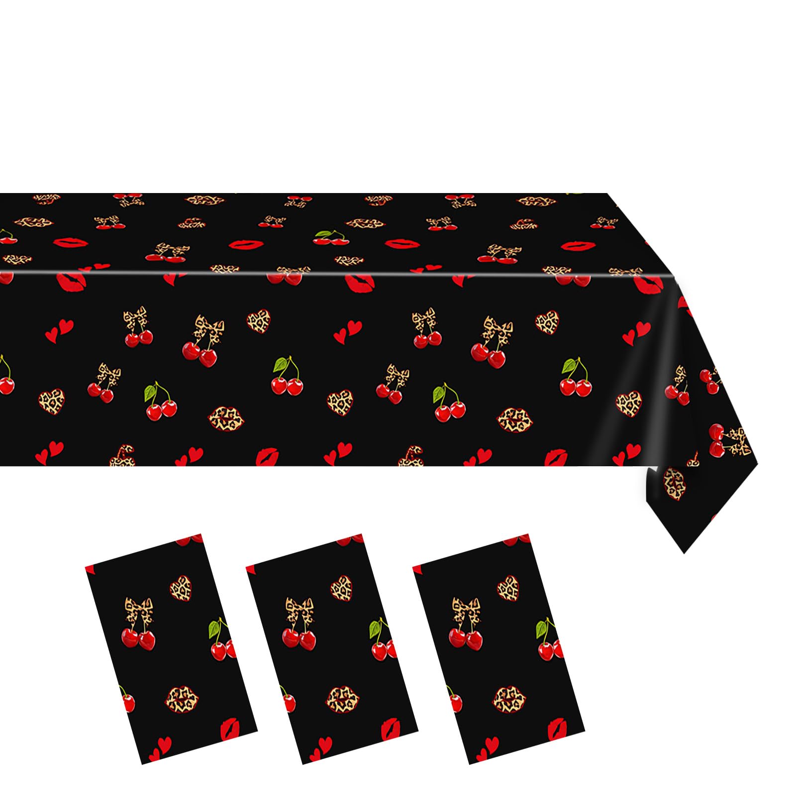 Zaypsot 3Pcs Cheetah and Cherry Birthday Decorations Tablecloths, Red and Black Disposable Plastic Tablecloths 54x108In for Bday Bridal Shower Wedding