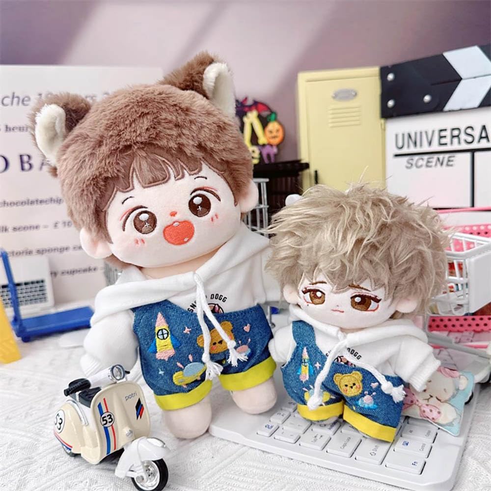 niannyyhouse White Hoodie One Shoulder Denim Strap Pants 10cm~15cm 20cm 40cm Plush Doll Outfit Dolls Dress Up Accessories (White 20cm)