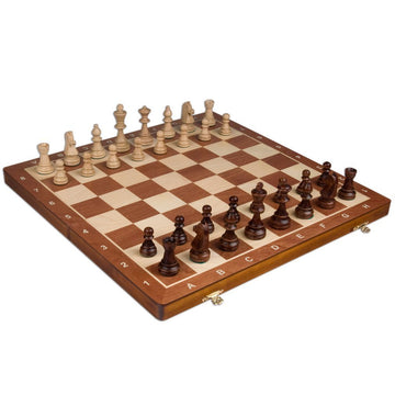 Wegiel Handmade European Professional Tournament Chess Set - Wooden 21 Inch Folding Board with Felt Base & Hand Carved Chess Pieces - Compartment
