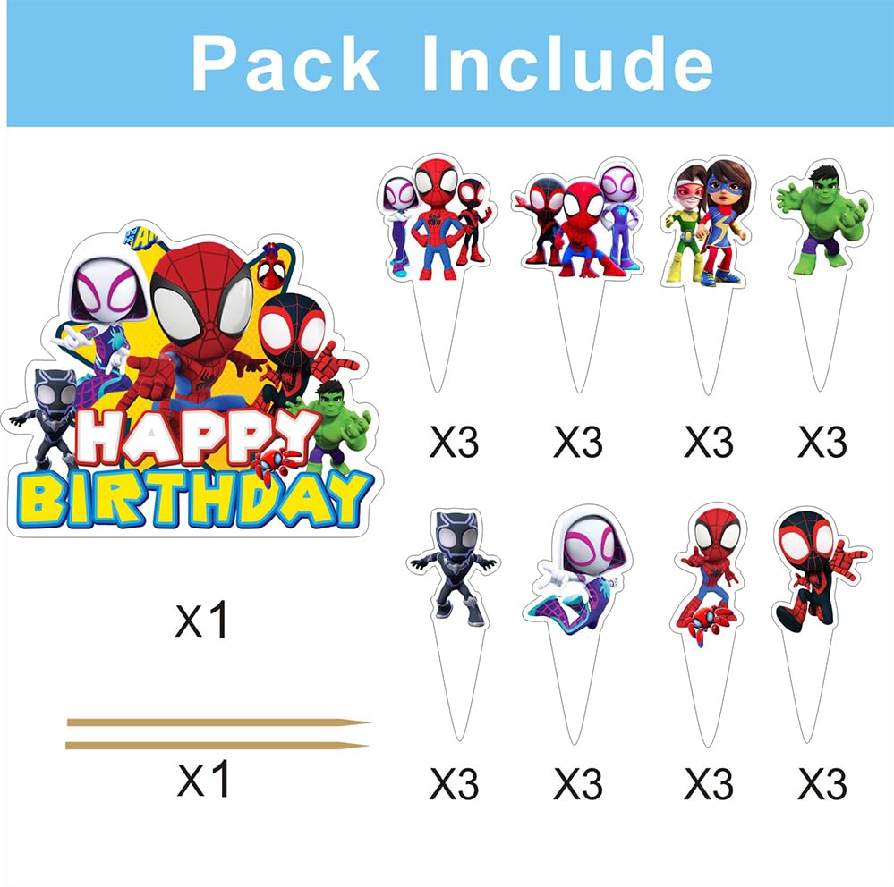 25pcs Spider and His Friends Cake Decorations with 24pcs Cupcake Toppers, 1pcs Cake Topper for Wrestling Birthday Party Supplies