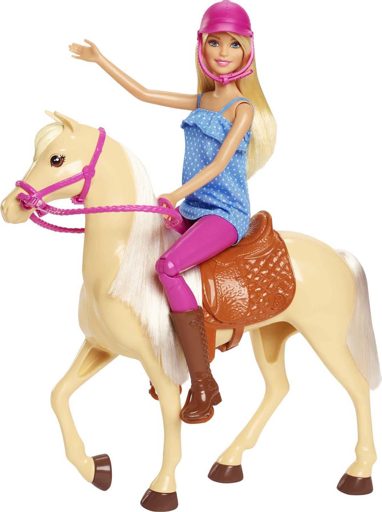 Barbie Doll, Blonde, Wearing Riding Outfit with Helmet, and Light Brown Horse with Soft White Mane and Tail, Gift for 3 to 7 Year Olds (Amazon
