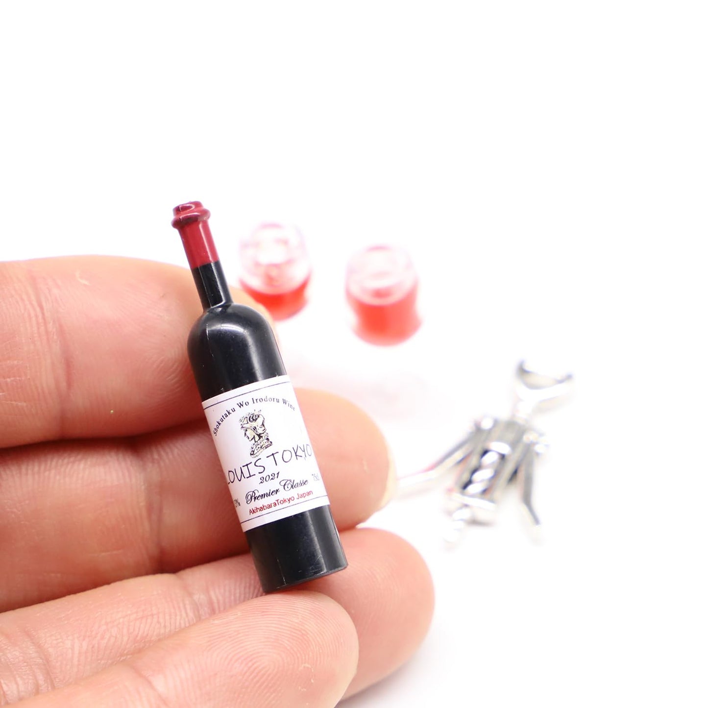 Miniature Red Wine Bottle Set, One Bottle with 2 Resin Filled Wine Glasses and Corkscrew, Dollhouse Wine Bottle, Dollhouse Wine Glasses, for Model