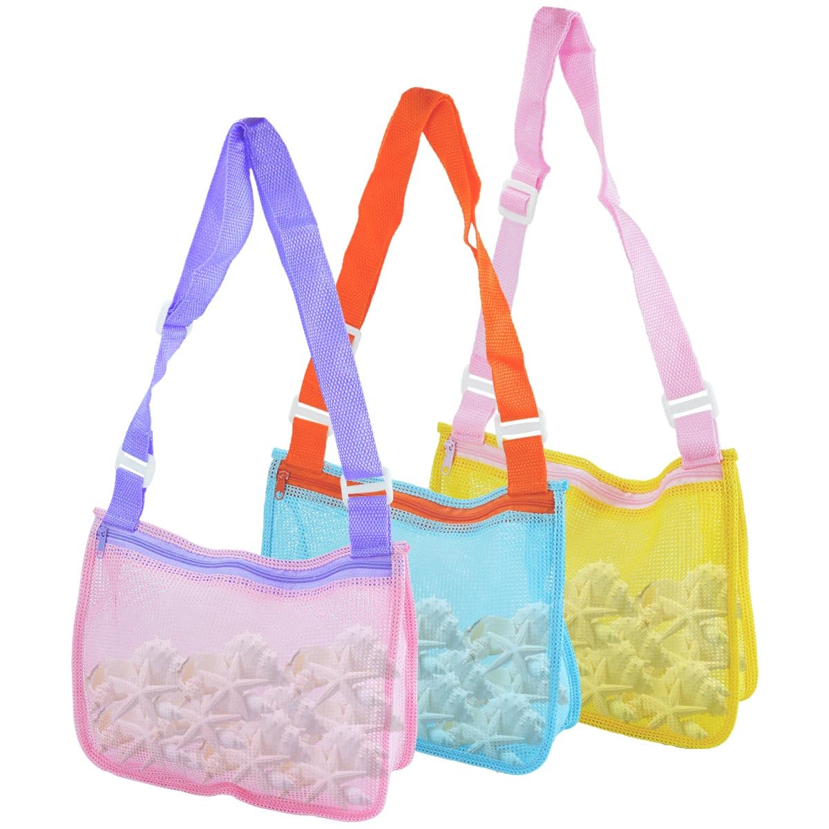 NEUROVYRAL 3 Pcs Seashell Collecting Bag for Kids, Beach Bag Beach Toys with Zipper Collapsible Mesh Adjustable Shoulder Straps for Kids Picking Up