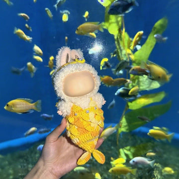 TuffSupplies DollClothes for Labubu - Yellow Mermaid, 2pcs Handcrafted Crochet Outfit with Headband & Dress, Adorable Designer Swimsuit for 17cm