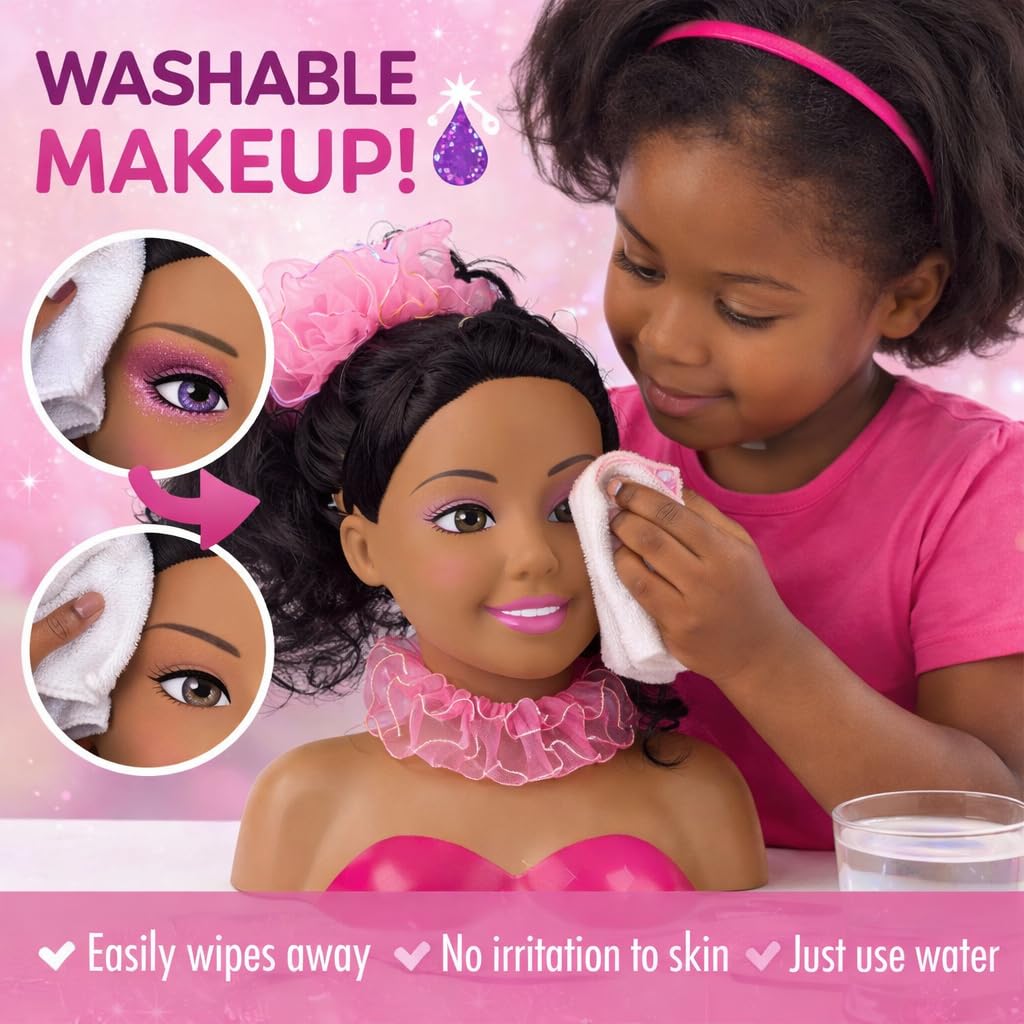 Liberty Imports African American Black Makeup and Hair Styling Doll Head Toy Playset with Real Washable Cosmetic and Fashion Dress Up Accessories