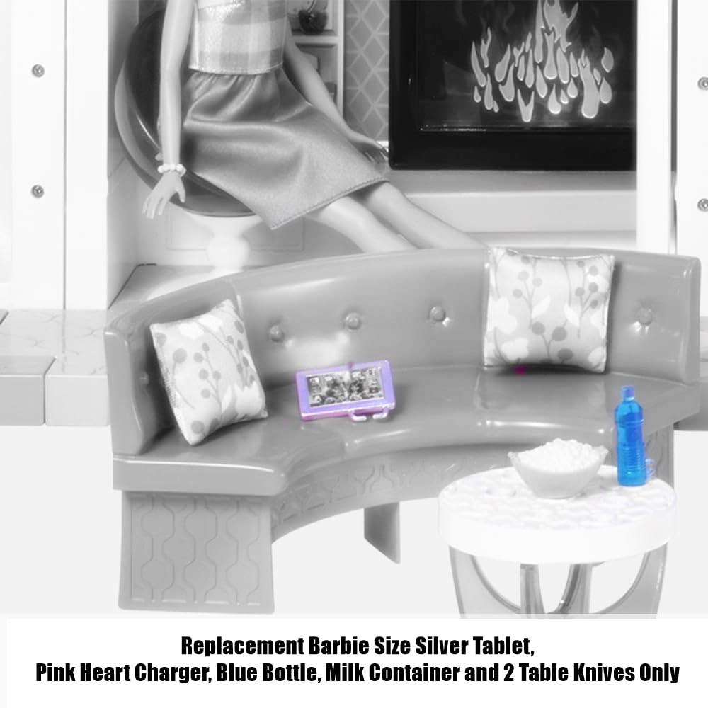 Mattel Replacement Parts for Barbie Doll Hello Dreamhouse - DPX21 ~ Replacement Barbie Size Silver Tablet, Pink Heart Charger, Blue Bottle, Milk
