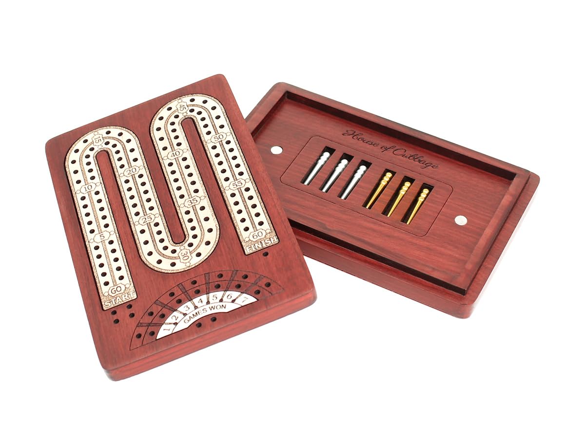 House of Cribbage - 2 Track - Wooden Travel - Pocket Size Cribbage Board - Size: 4.75 Inch - Storage Space for Cribbage Pegs - Score Marking Fields