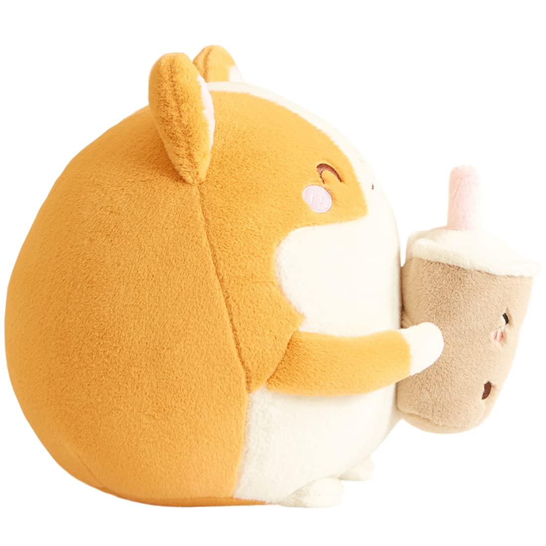 ELAINREN Cuddle Boba Corgi Plush Toy Soft Stuffed Corgi Dog with Cup of Milk Tea FurryBoba Tea Akita Puppy Plushie Doll/11.8''