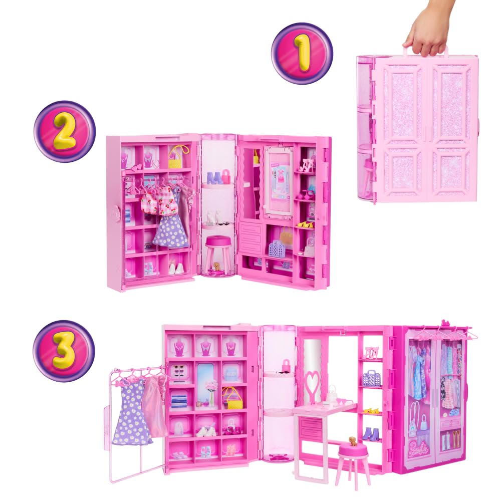 Barbie Dream Dressing Room Playset with 29 Pieces Including Doll, Vanity, Clothing Racks & Accessories, Portable Folding Closet with Handle