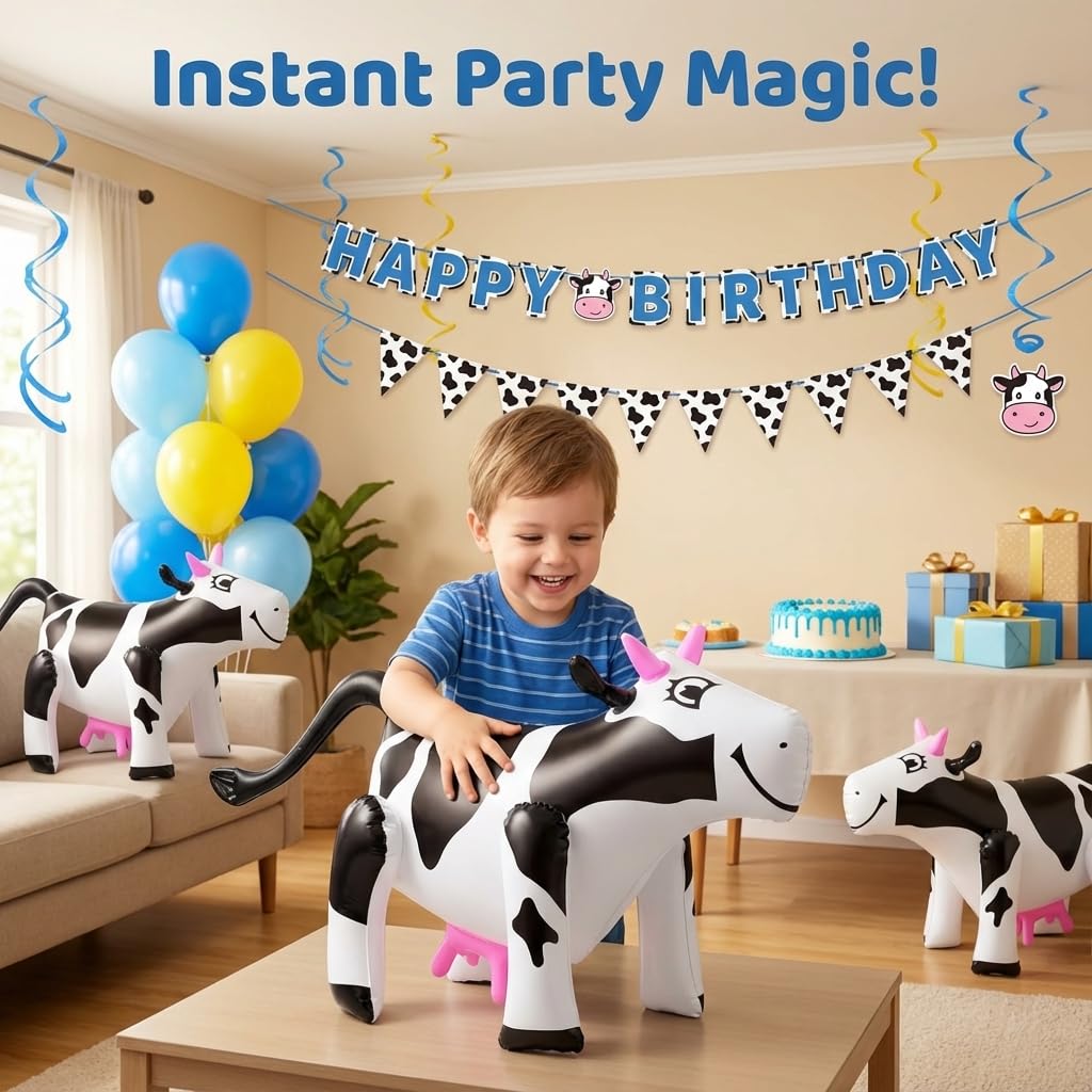 Bedwina Inflatable Cow Toys Set of 3, Cute Cartoon Inflatable Farm Animals Party Decorations, Blow Up Cow Yard Game Props for Kids Birthday