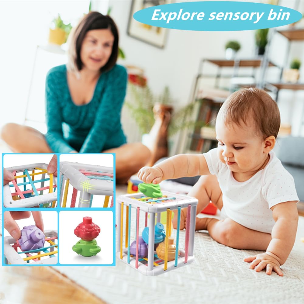 Etyat Baby Toys 6-12 Months, Montessori Toys for 1 Year Old, Silicone Pull String Teether Toy, Stacking Building Blocks Infant Toddler Toy 0-3, Shape