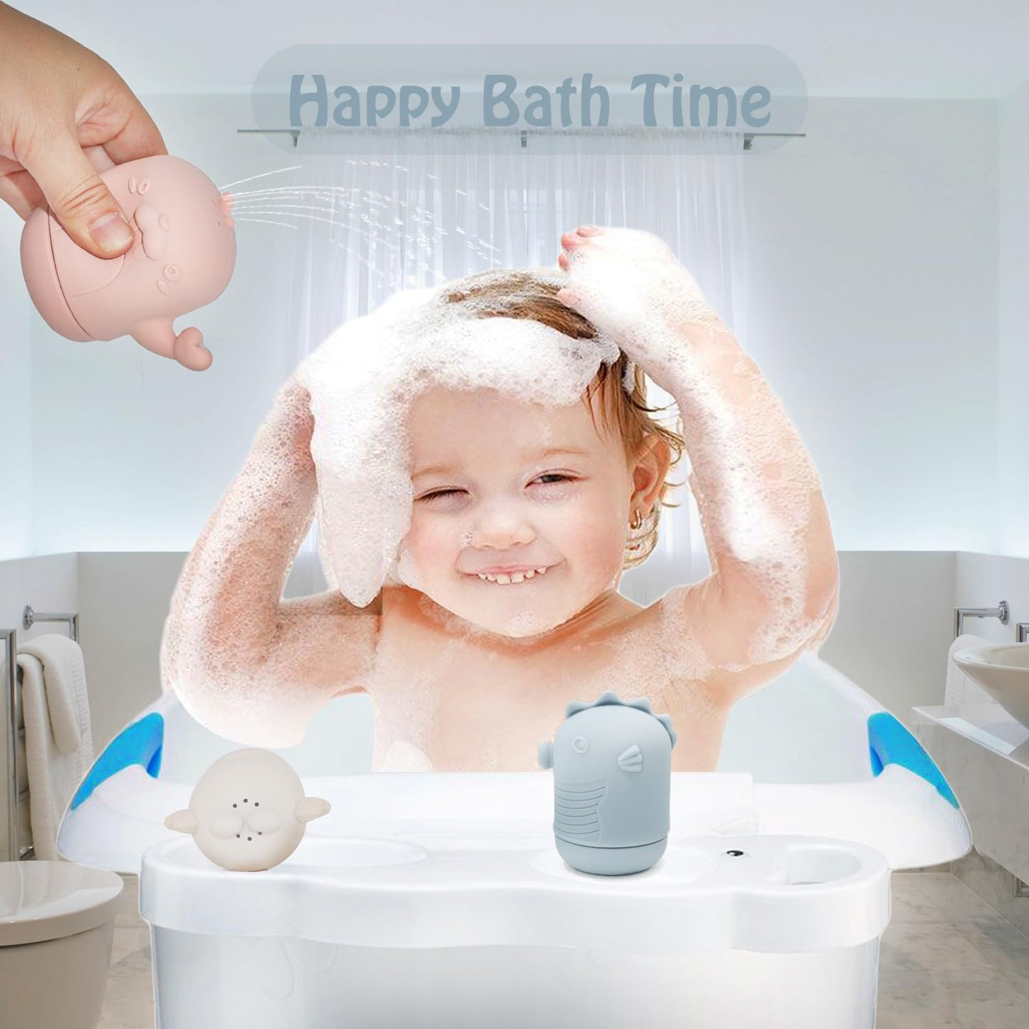 Ginbear Silicone Baby Bath Toys, Non-Toxic Mold Free Infant Squirty Bathtub Toys for Toddlers 6 Months+, Pack of 4 (Marine)