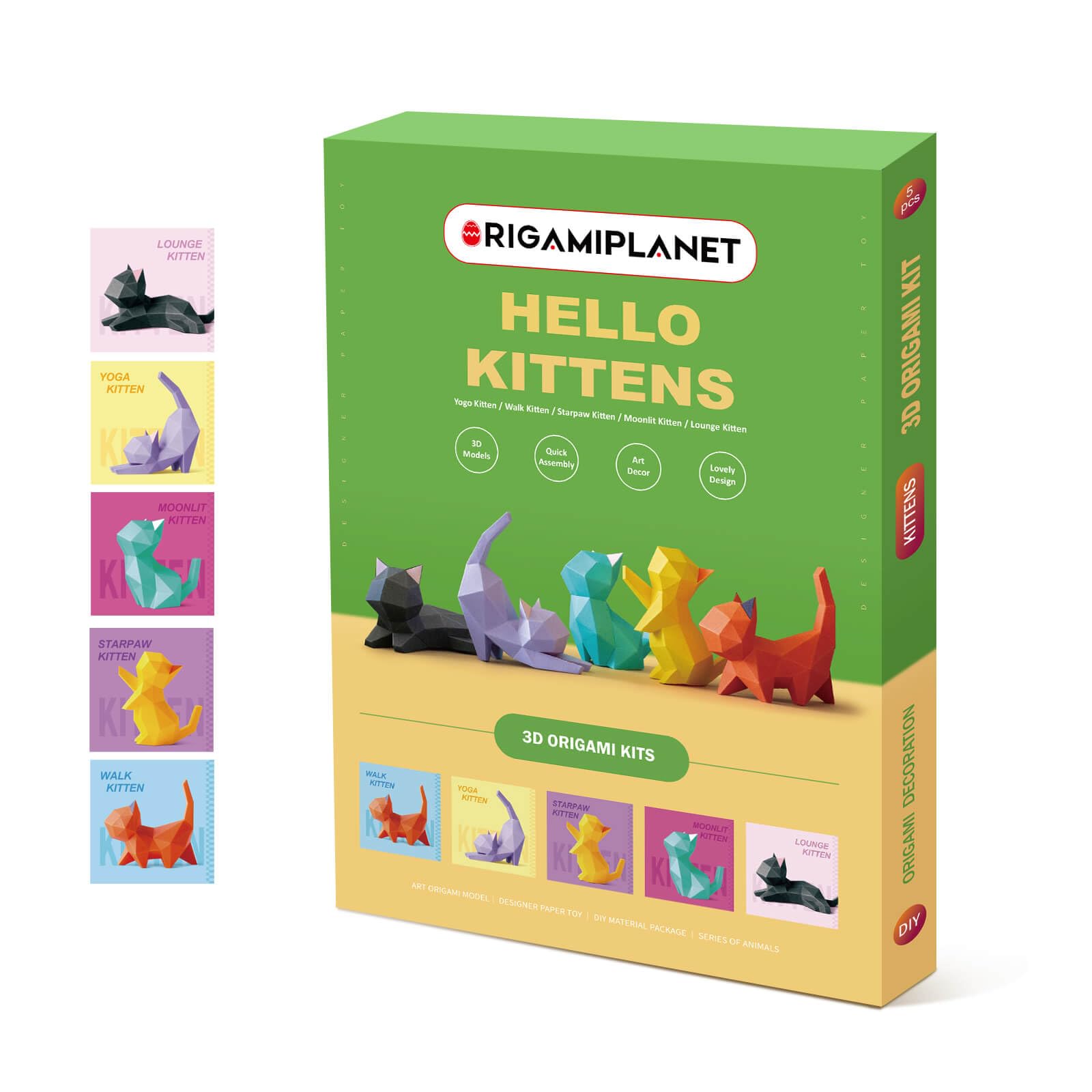 ORIGAMIPLANET Hello Kittens 3D Origami Paper Craft Gift Set-5 pcs, Cute Cat Pre-Cut Origami Kit, Animal Paper Sculpture Kit for Teens & Adults, Home
