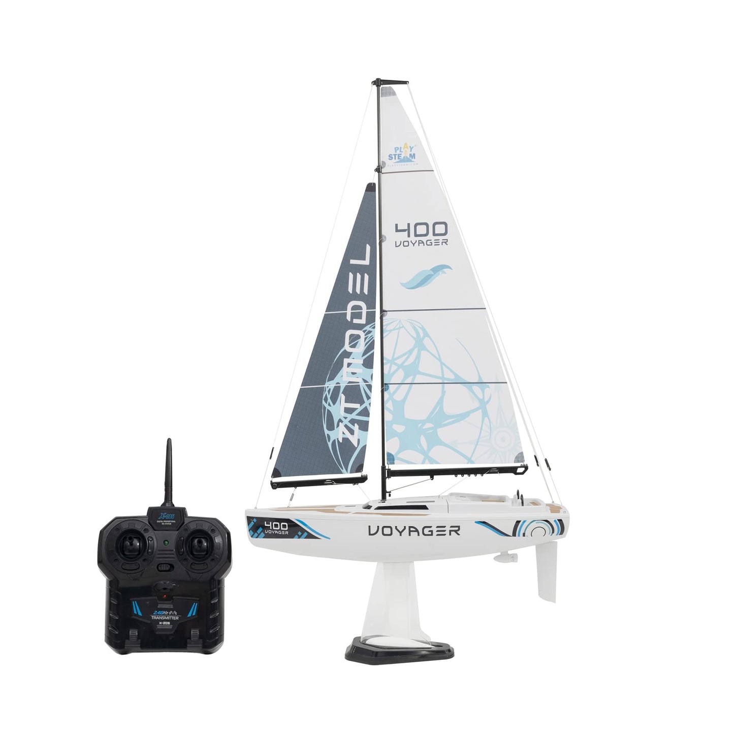 PLAYSTEAM Voyager 400 2.4GHz RC Motor Powered Sailboat in Blue - 26" Tall