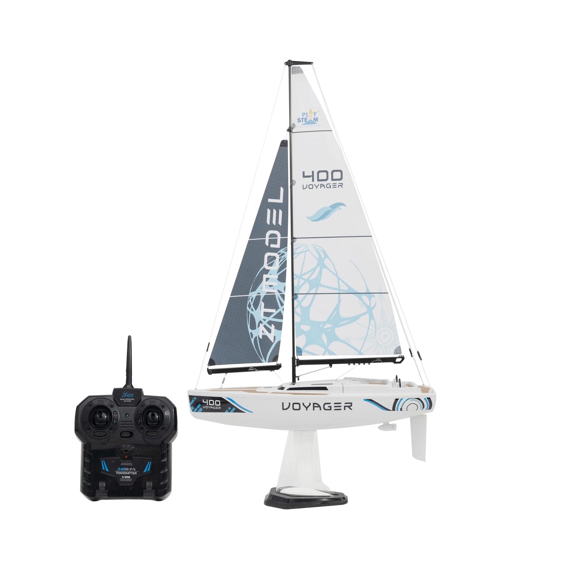 PLAYSTEAM Voyager 400 2.4GHz RC Motor Powered Sailboat in Blue - 26" Tall