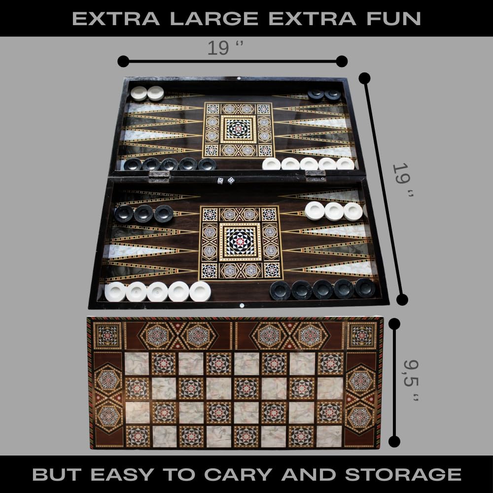 Park&Oz Pearl Premium Turkish Backgammon and Checkers Set 19 Inch Handmade 2 in 1 Wooden Board Game with Glossy Finish Luxury Checkers and Dice Travel