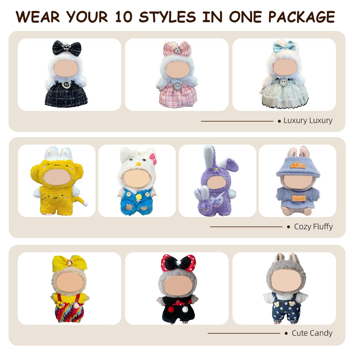 10 Pack Compatible for Labubu Clothes,17cm Doll Clothes Cute Outfits Stylish Accessories Designer Hat Dress Shirt Set Compatible for Labubu Birthday