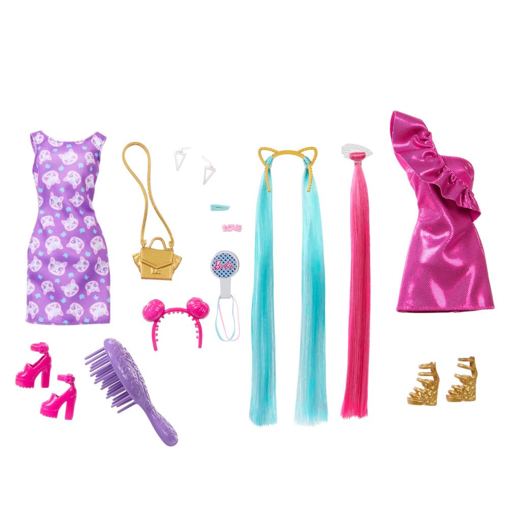 Barbie Doll with Extra-Long Blonde Rainbow Hair & Color-Block Polka Dot Dress, Plus 10 Hair & Fashion Accessories