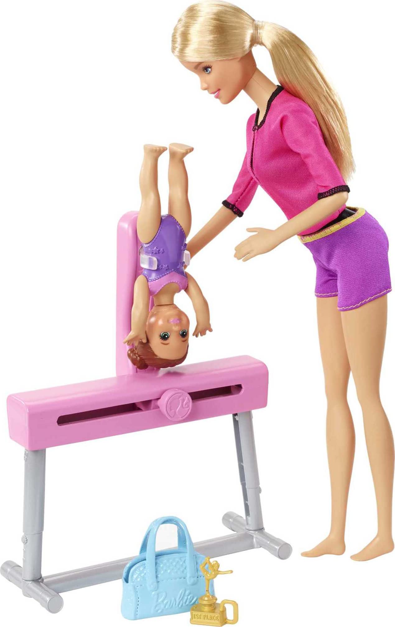 Barbie Careers Playset, Gymnastics Coach Doll, Student Small Doll, Balance Beam with Clip & Sliding Mechanism, Plus Accessories