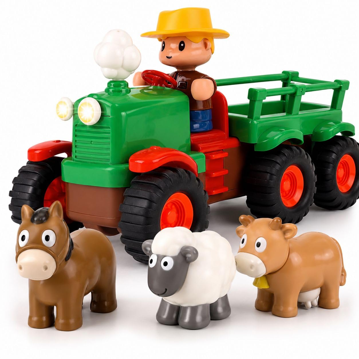 Self-Driving Farmer Tractor Truck Toy for Boys with Lights and Music, with Farmer Figure & Farm Animals (Moving Chimney and Shaking Animals)
