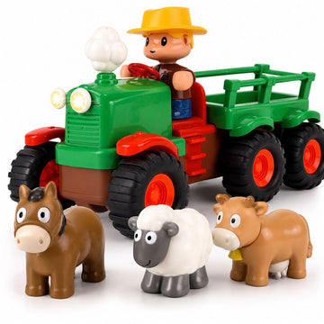 Self-Driving Farmer Tractor Truck Toy for Boys with Lights and Music, with Farmer Figure & Farm Animals (Moving Chimney and Shaking Animals)