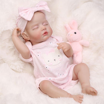 Tookyhill 18 Inch Realistic Reborn Baby Doll - Sleeping Lifelike Newborn Doll Girl with Closed Eyes, Soft Full Vinyl Body, Pink Bear Outfit & Headband