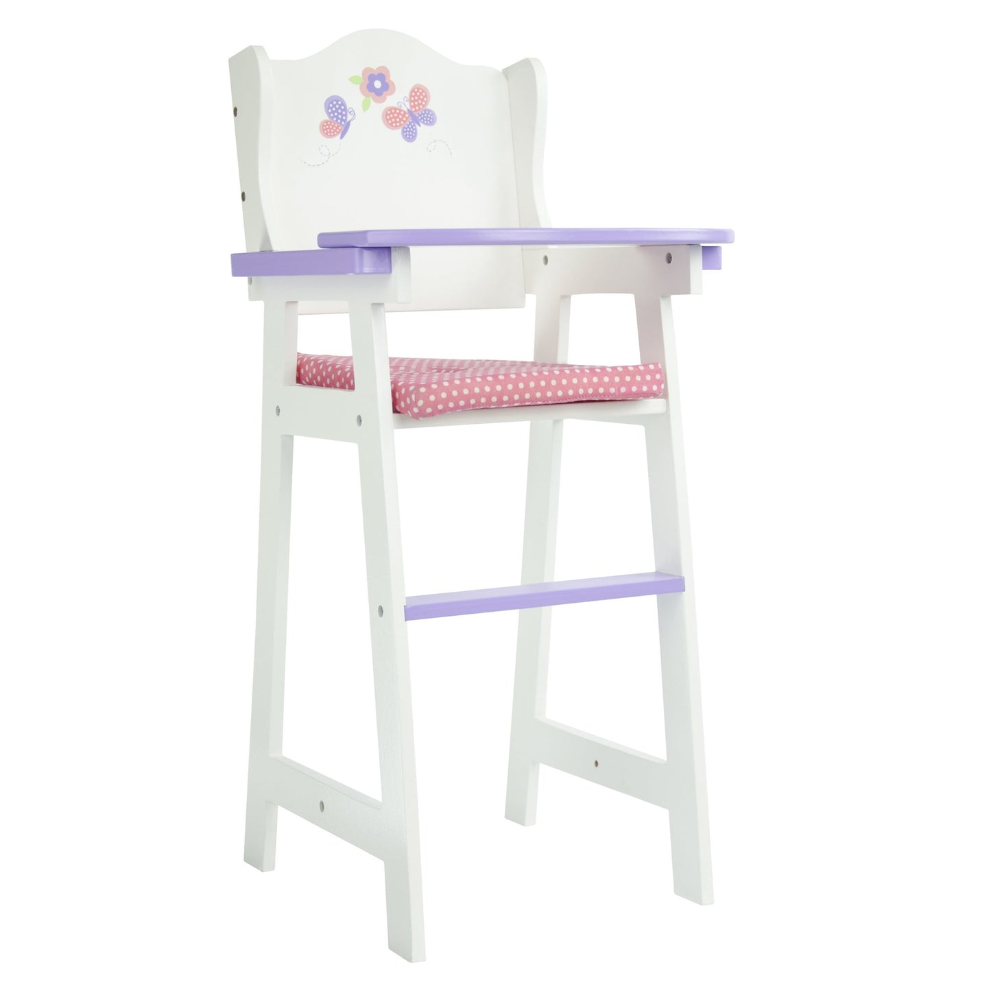 Olivia's Little World Little Princess Baby Dolls High Chair with Fixed Tray and Pink Polka Dot Cushion, White/Purple
