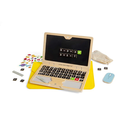 Bigjigs Toys Tech Set - 95 Pcs Wooden Laptop Toys with Chalkboard Screen, Fantasy Play Sets and Accessories for Toddlers and Kids, Kindergarten, Early