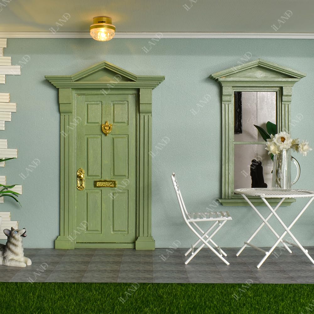 iLAND Classic Wooden Dollhouse Door of 1/12 Scale Accessories, Dollhouse Building Supplies Set of Miniature Door with Trim, Handle & Knocker