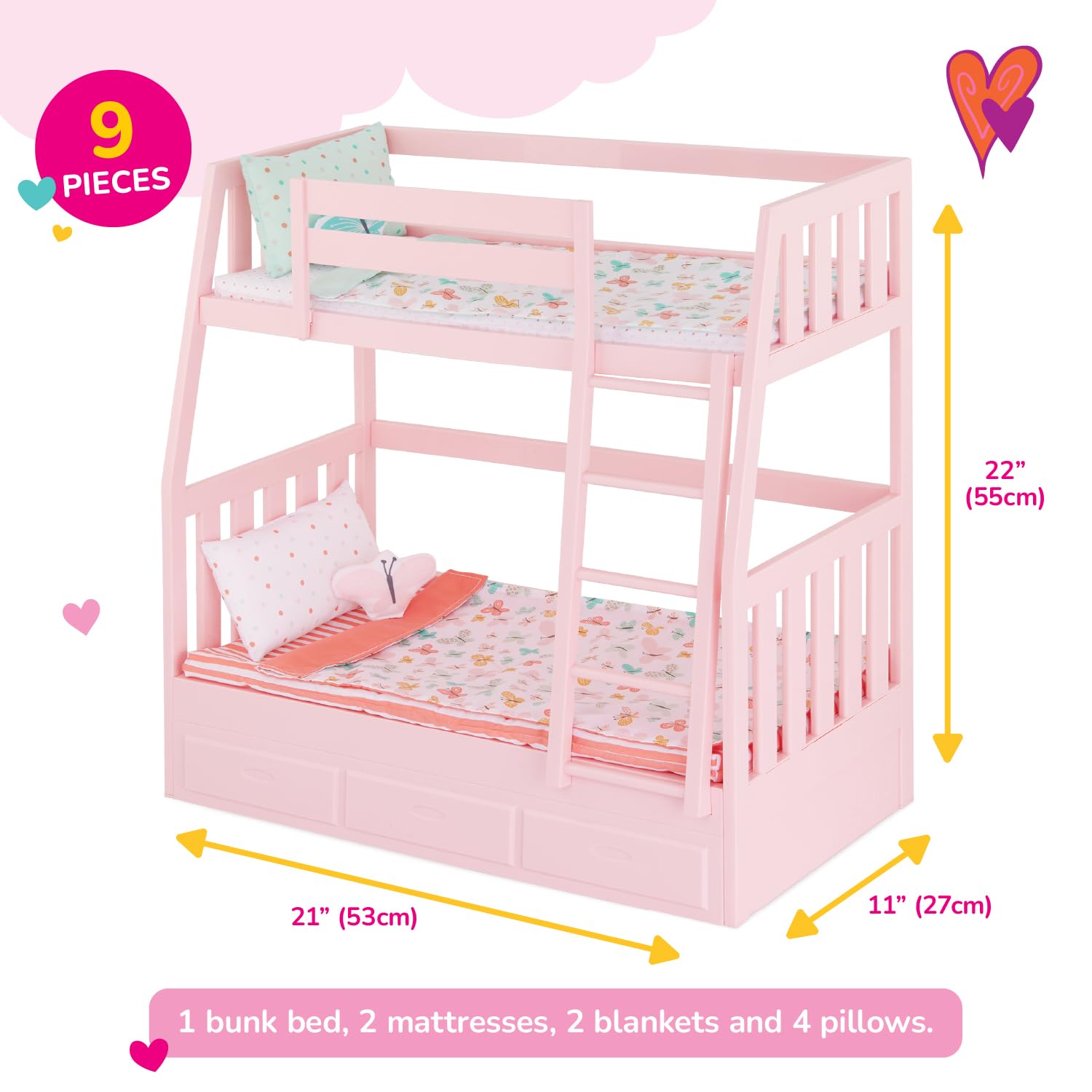 Our Generation - Pink Bunk Bed - Butterfly Themed Bed Set - Accessories for 18 Inch Dolls - Pretend Play - Toys for Kids 3 and Up - Dreams for Two