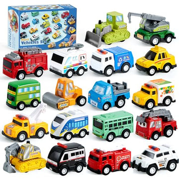 JOYIN 18 Pcs Pull Back City Cars and Trucks Toy Vehicles Set, Friction Powered Mini Cars Toys for Toddlers, Party Favors for Kids 3-5, Birthday Gifts
