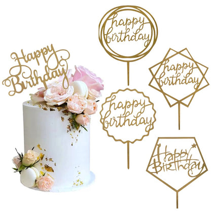 Gold Cake Topper Acrylic Happy Birthday Cake Decoration Supplies (5 Pieces)