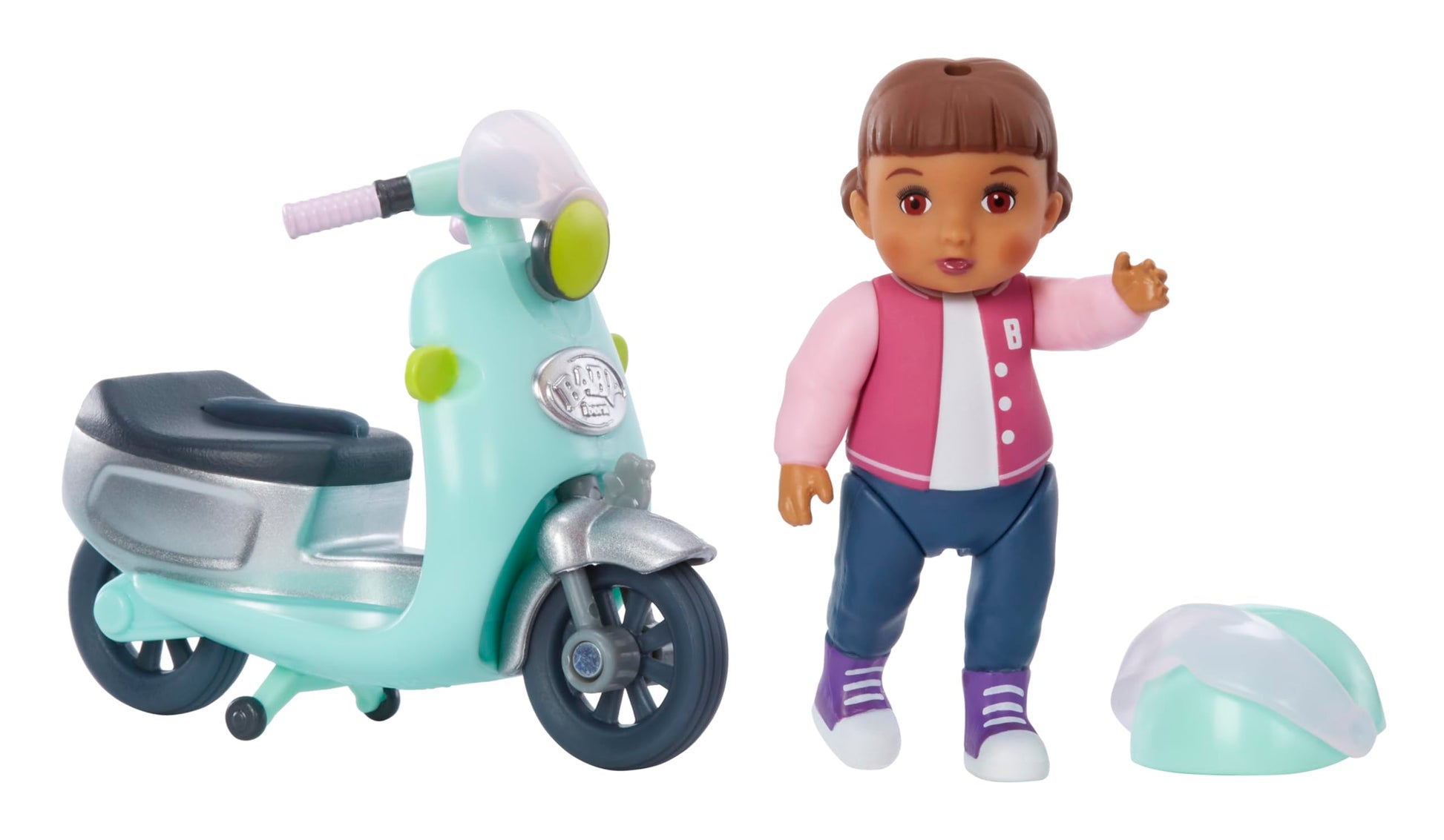 Baby Born MINIS Playset - Medium Tan Skin Tone Doll with Brown Eyes, Scooter & Helmet Accessory, Includes Reusable Carrying Case for On-The-Go
